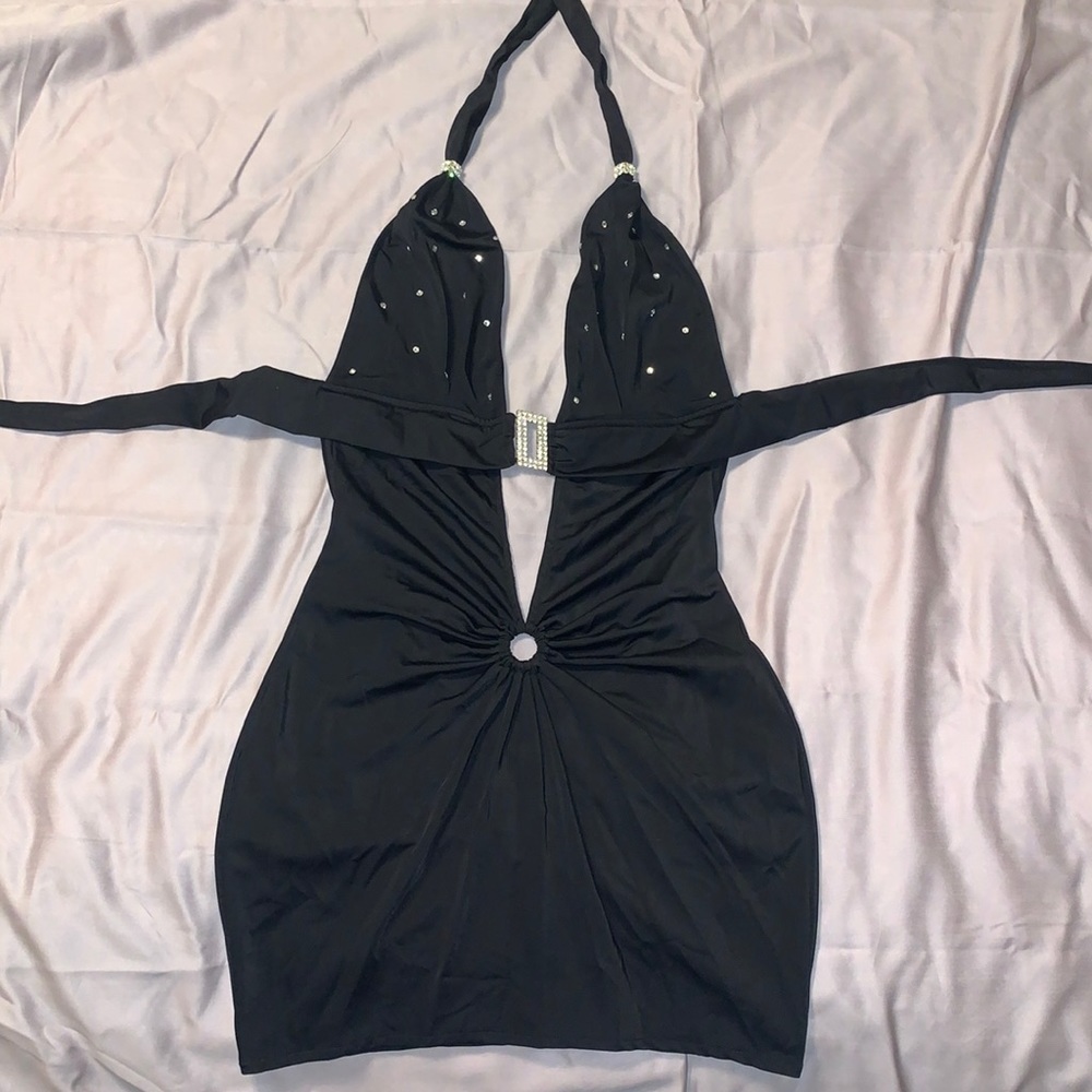 Large Black Rhinestone Cocktail Style Dress Open Back Scrunch Butt